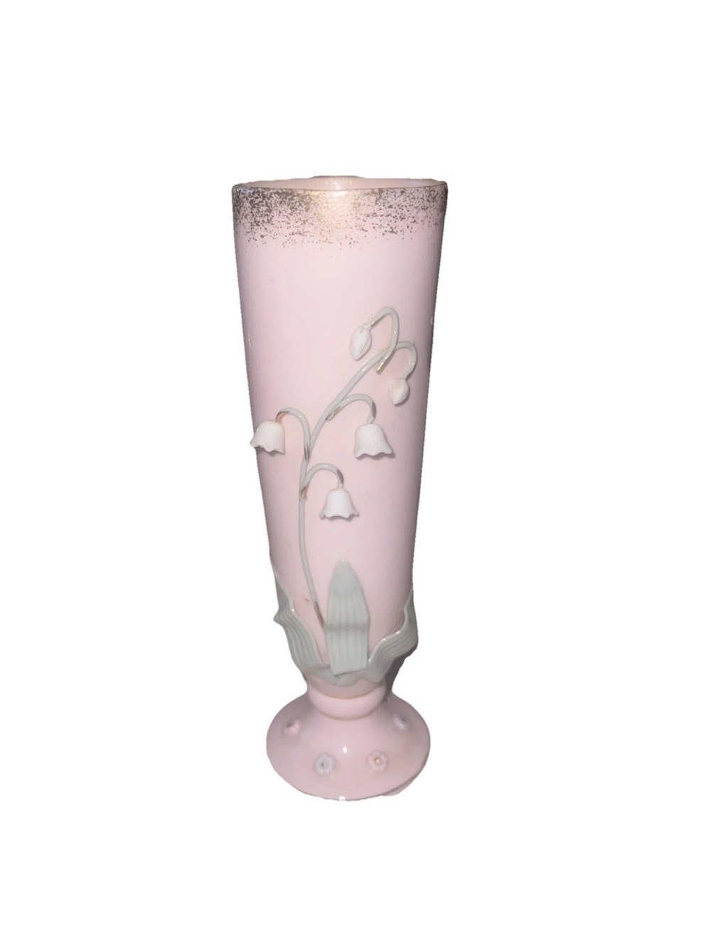 VTG Napco Pink Porcelain Bud Vase W/Applied Lily Of The Valley Flowers & Leaves